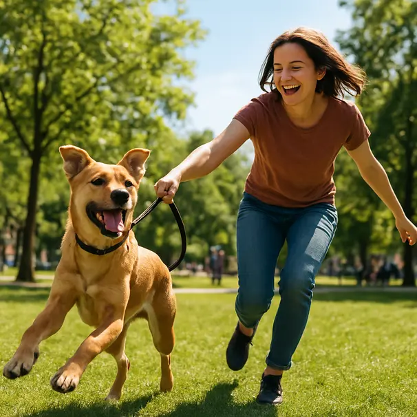 Cane giovane che gioca al parco con il proprietario durante una passeggiata, luce diurna, ambiente urbano e animato