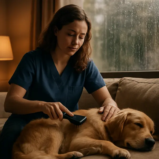 Pet carer che spazzola un cane calmo su un divano durante un pomeriggio piovoso, atmosfera raccolta e tranquilla