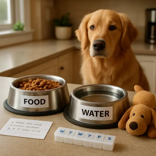 Kitchen counter showing pet supplies, instruction card, and a golden retriever waiting calmly in the home.