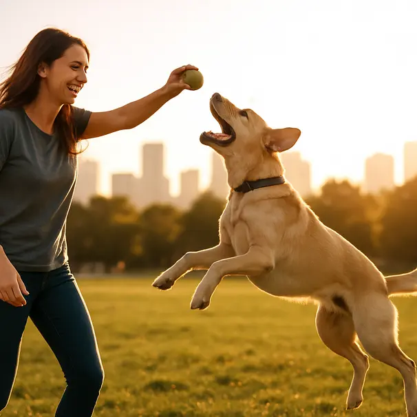 Pet carer tossing a ball to a jumping Labrador in a city park during golden hour, with skyline blurred in the background.