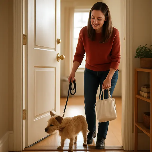 Pet carer arriving at a home, opening the door while a small terrier sniffs the entrance in mid-morning light.