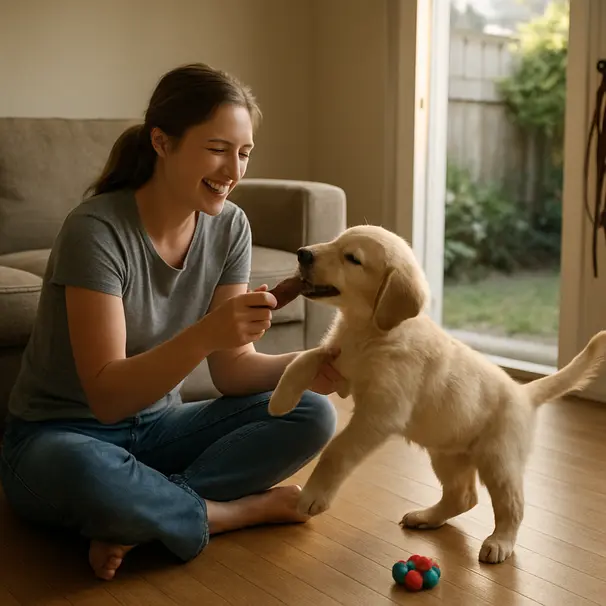 Un pet carer joue avec un jeune golden retriever dans un salon, porte ouverte vers un jardin, lumière du soir.