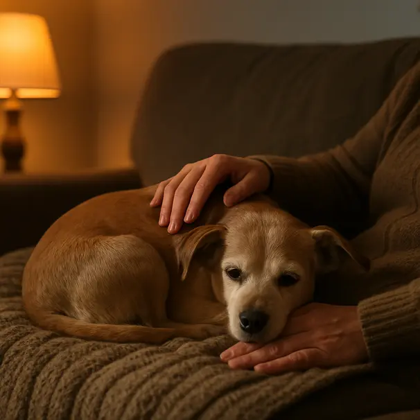 Chien senior blotti sur un canapé avec un pet carer touchant doucement, ambiance chaleureuse d’une soirée.