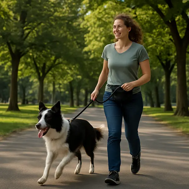 Promenade en parc d’un border collie tenu en laisse par un pet carer, chemin bordé d’arbres, lumière du jour.
