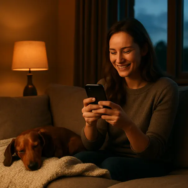 Pet carer snapping a photo of a dachshund curled on a couch under warm lamp light in a cozy living room