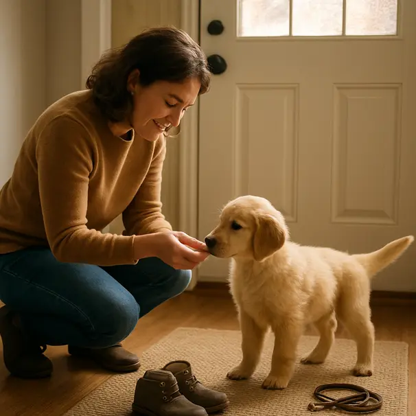 Pet carer kneeling at a home's front door letting a golden retriever puppy sniff their hand in a warm, cozy entryway
