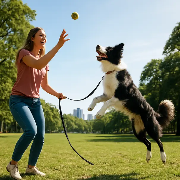 Pet carer playing fetch with an energetic border collie in a sunny city park, dog mid-jump catching a ball