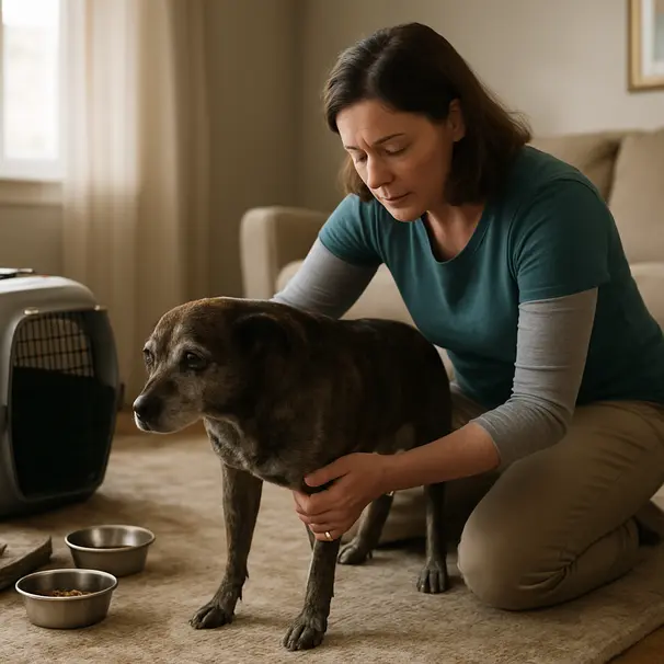 Pet carer gently examining a senior brindle dog in a living room, with food bowls and a towel visible, soft afternoon light