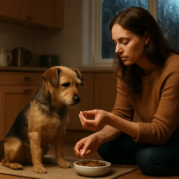 Pet carer administering medication and serving food to a small mixed-breed dog in a cozy kitchen at night, calm atmosphere and rainy window