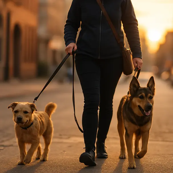 Pet carer walking a small terrier and a medium shepherd mix along a city sidewalk at sunset, warm lighting and motion