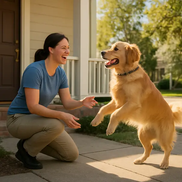 Pet carer greeting a golden retriever on a sunny suburban front porch, friendly interaction and bright daytime lighting