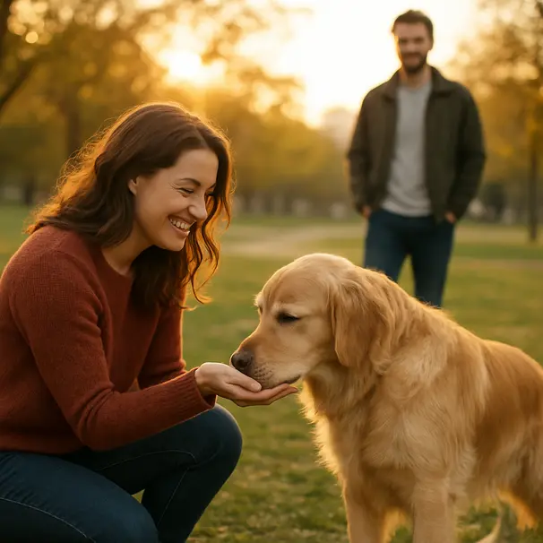Treffen im Park bei Sonnenuntergang: Golden Retriever schnuppert an der Hand des Sitters, Besitzer beobachtet