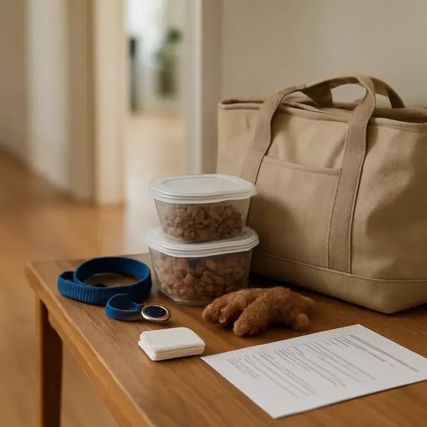 Tasche mit Futter, Leine, Lieblingsspielzeug und Medikamenten auf einer Diele, alles beschriftet und ordentlich vorbereitet