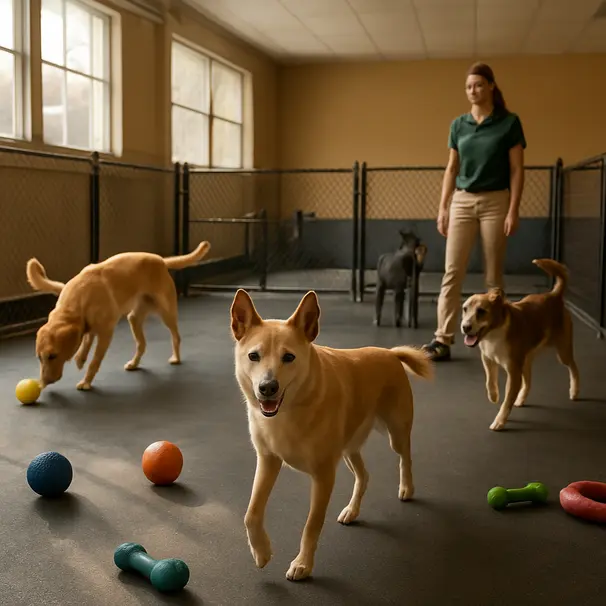 Indoor dog daycare play area with mixed-breed dogs playing in separated zones while a staff member supervises