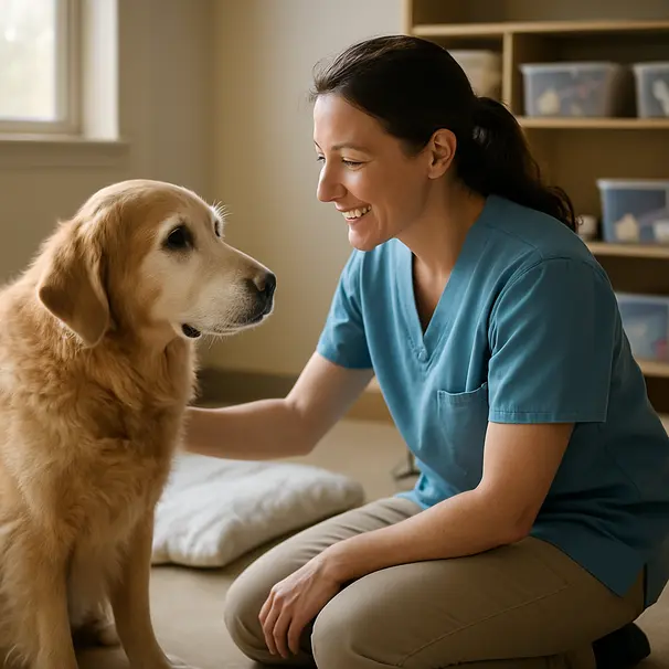 Daycare staff member talking to a golden retriever beside clean bedding and organized toys inside the facility