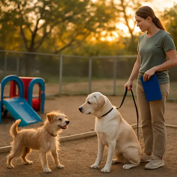 Outdoor daycare yard at sunset showing two dogs in a supervised, gradual introduction with caregiver nearby