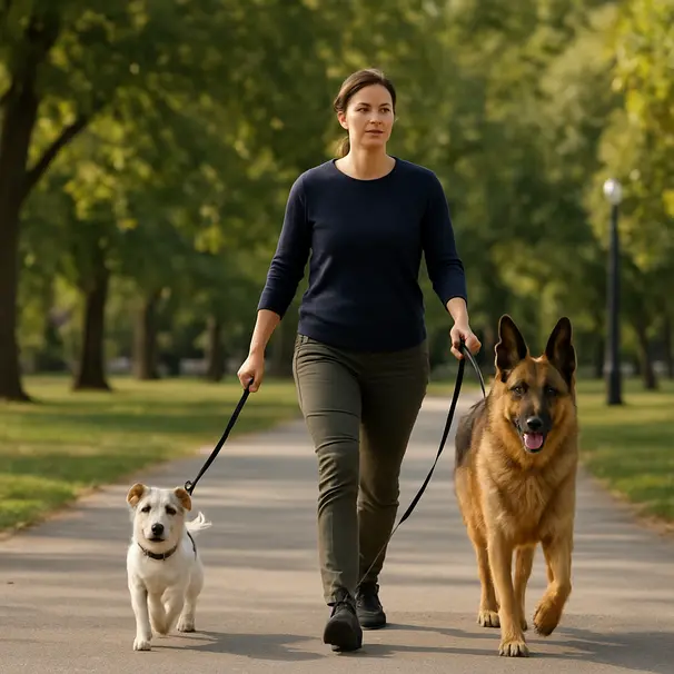 Dog sitter walking a small terrier and a larger shepherd on a park path, demonstrating leash control, trees and sunshine in background