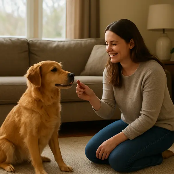 Dog sitter kneeling in a living room offering a treat to a calm golden-retriever-mix during a meet-and-greet, sunlight through windows, cozy home setting