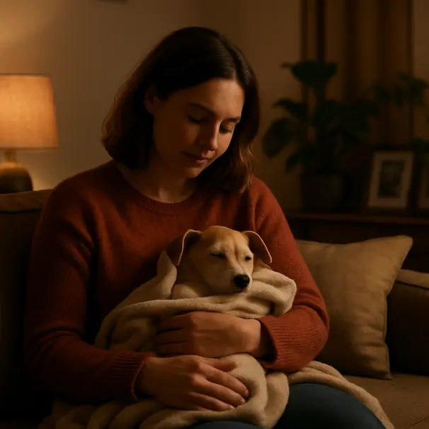 Sitter on a sofa cuddling a sleepy small dog under a blanket in warm lamplight, cozy living room setting with plants and photos
