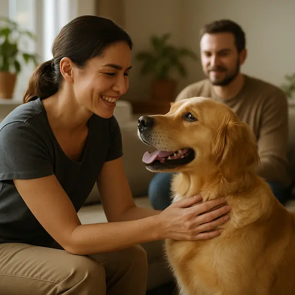 Pet carer meeting a golden retriever in a cozy living room, owner watching, friendly interaction