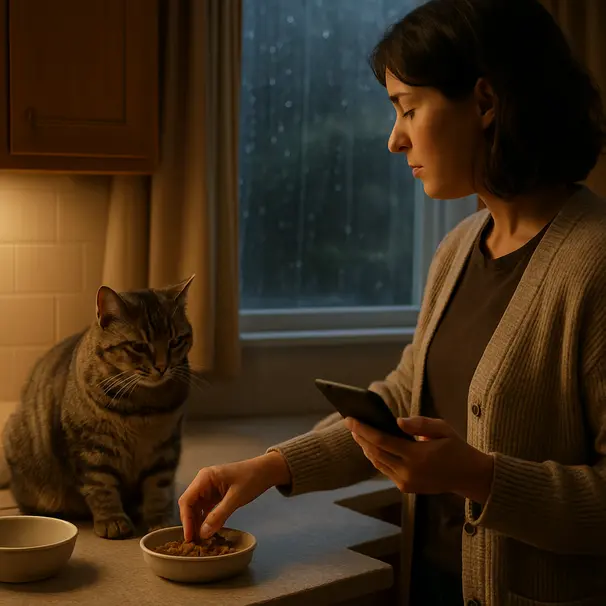 Cat sitter feeding a tabby cat in a cozy kitchen on a rainy evening, holding a checklist