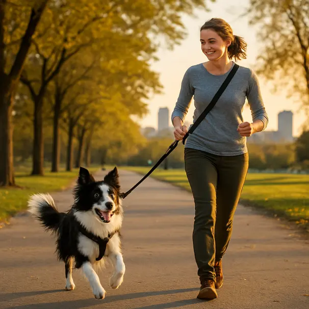 Pet carer walking a border collie along a tree-lined park path at golden hour