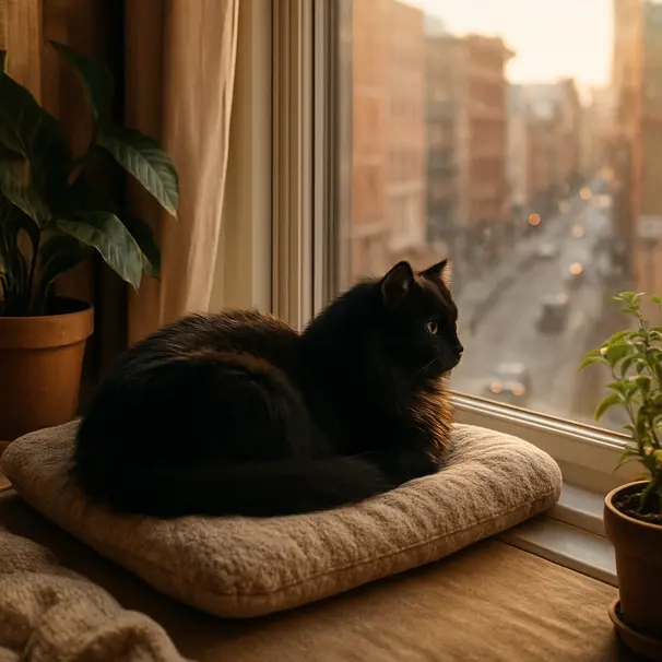 Longhair black cat on a window perch in an apartment during golden hour, looking outside among indoor plants
