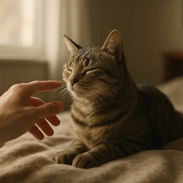 Tabby cat sitting on a blanket indoors, person offering hand, cat slow-blinking in warm morning light