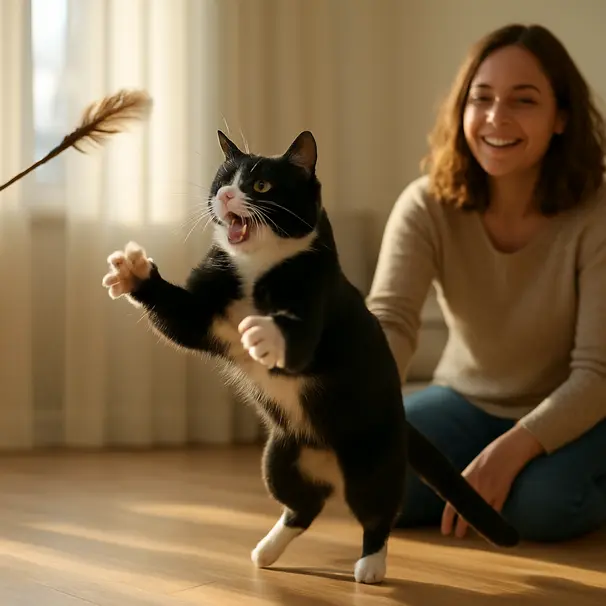 Tuxedo cat leaping to catch a feather wand in a bright living room, owner engaged in play during late afternoon