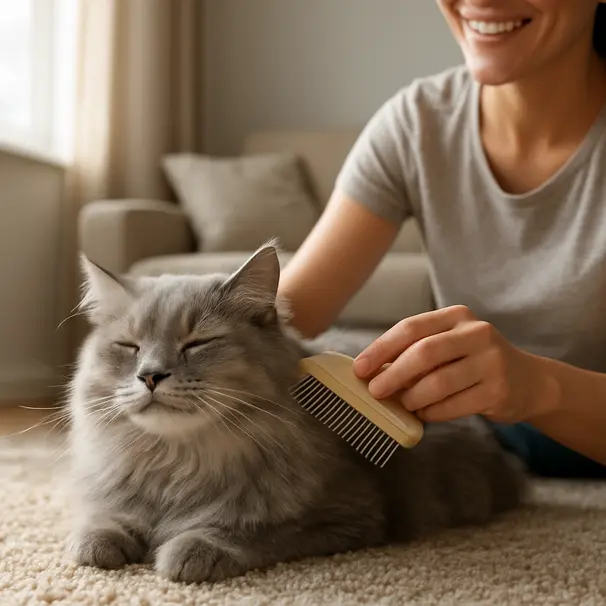 Gray long-haired cat receiving gentle brushing from a caregiver on a rug in a bright room, midday light