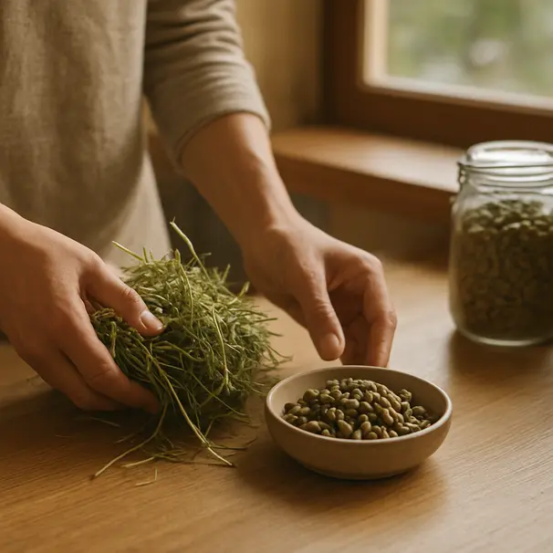 Owner on kitchen counter preparing hay and pellets for a rabbit, sunlight through window, wooden countertop and bowls of food