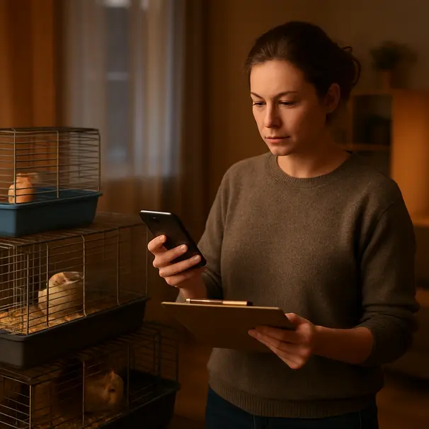 Pet carer reviewing a feeding checklist on a smartphone next to cages housing a hamster, rat and rabbit in a warm indoor setting
