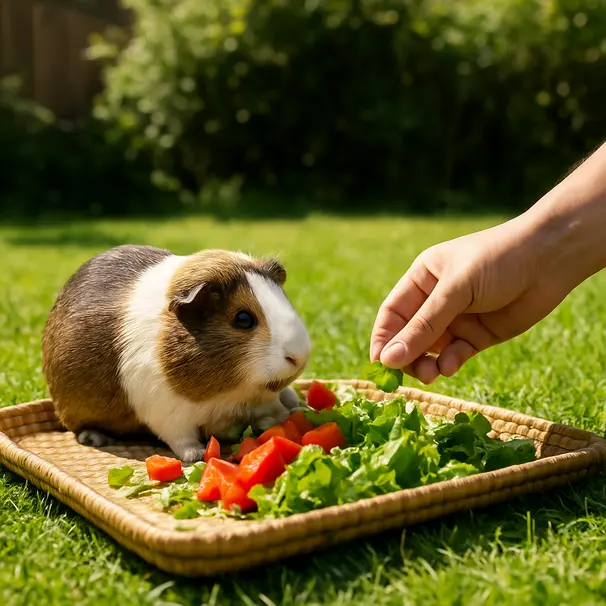 Guinea pig eating fresh vegetables on a tray in a backyard with a pet carer’s hand offering more food, green grass background