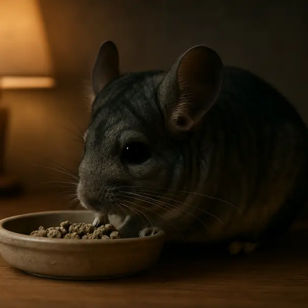 Chinchilla nibbling pellets from a dish indoors at dusk, soft lamp light illuminating textured fur