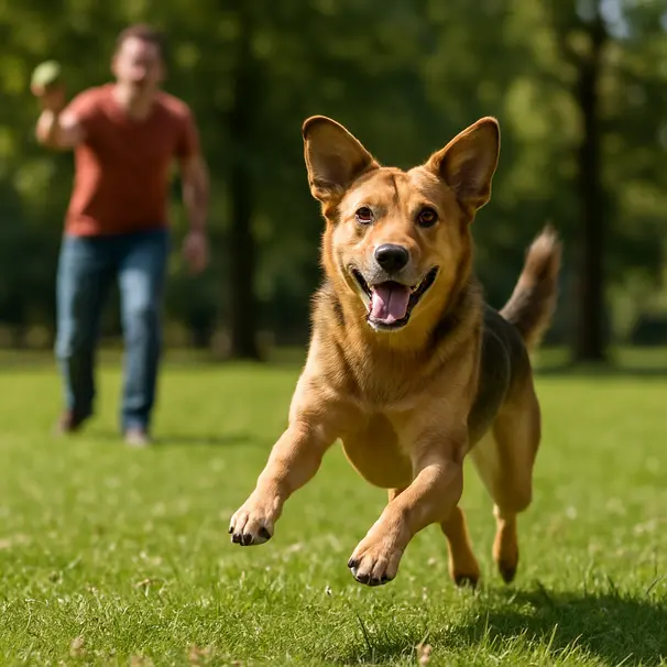 Cane che corre in un parco soleggiato con pelo sciolto visibile sull'erba, proprietario che lancia una palla.