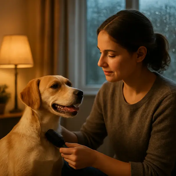 Pet carer che cura e gioca con un cane a pelo corto in casa durante una serata piovosa, atmosfera accogliente.