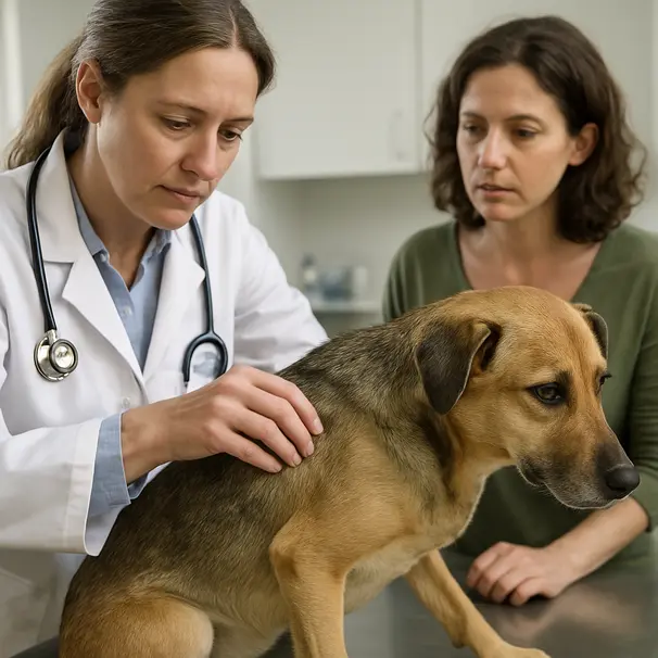 Veterinario che esamina la pelle e il pelo di un cane su un tavolo, mano che separa il mantello per ispezionare la cute.