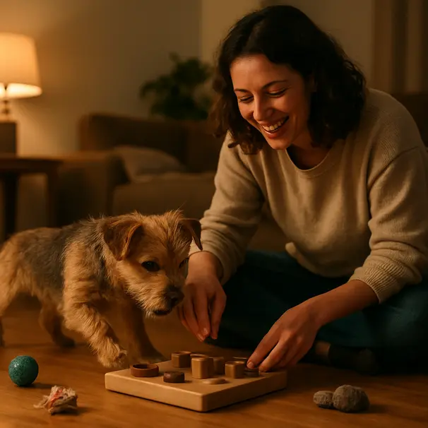 Pet carer playing with a small terrier using a treat puzzle on a hardwood floor with toys and cozy lighting