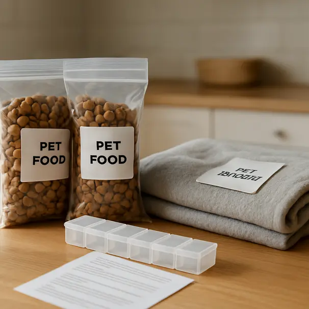 Table with labelled pet supplies including food bags, folded blanket, pill organiser and printed care instructions