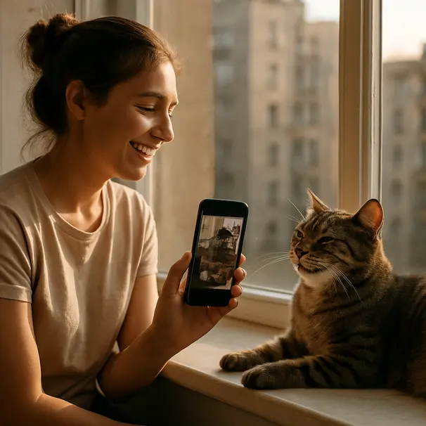 Pet carer holding a smartphone with a photo message while a tabby cat lounges on a sunny windowsill in an apartment