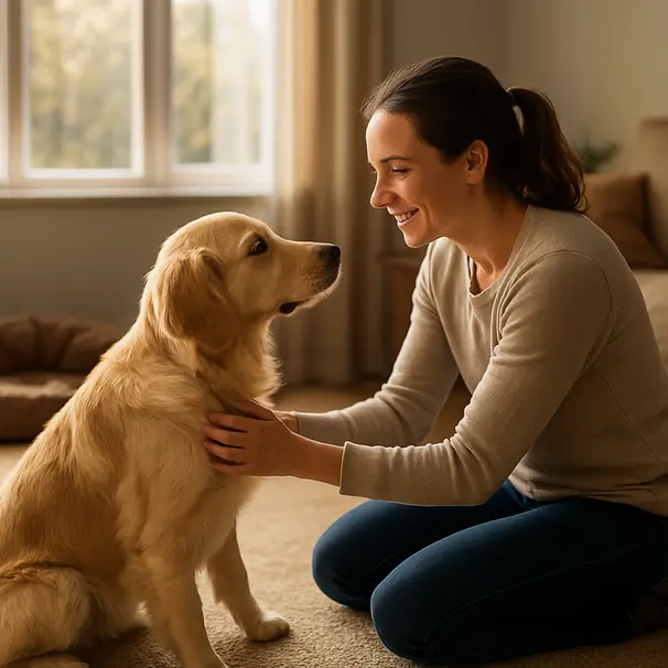Pet carer kneeling in a living room meeting a curious golden retriever near a dog bed and toys