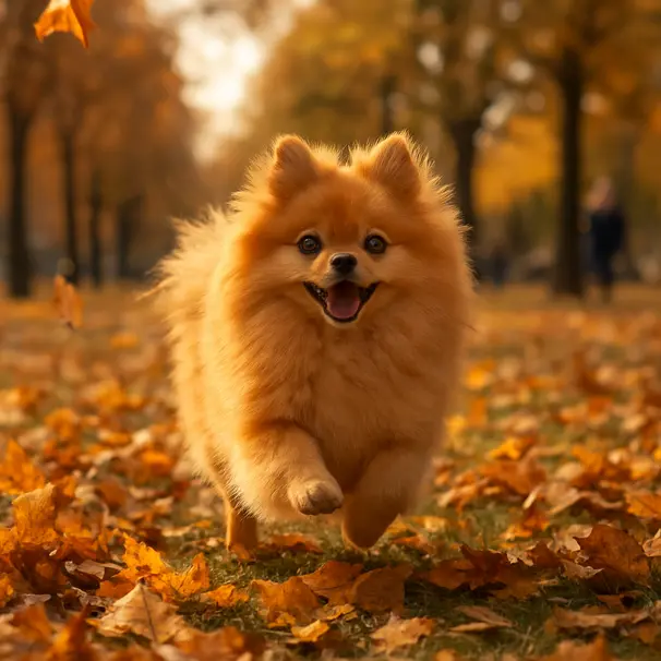 Fluffy orange Pomeranian running through an autumn park, leaves flying, joyful
