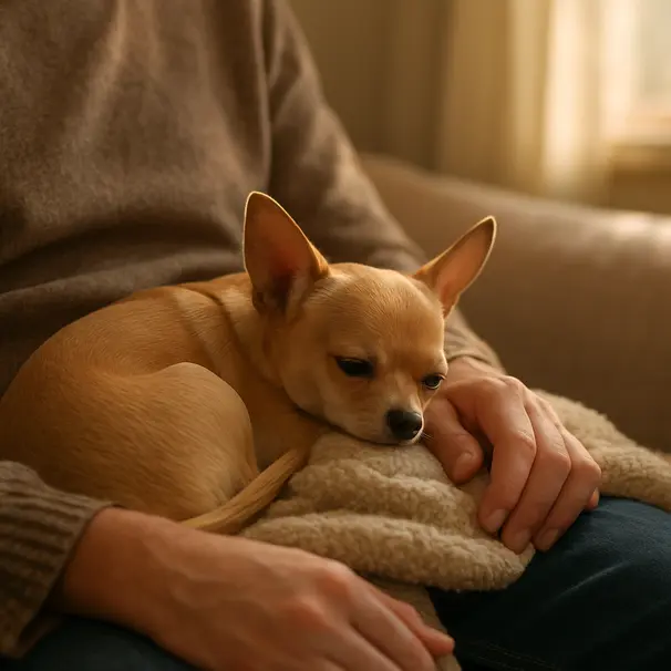 Tan Chihuahua curled on owner’s lap on a sofa in sunlight, cozy living room cuddle