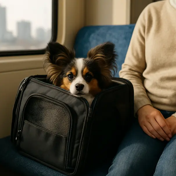 Tricolour Papillon peeking from a soft-sided carrier on a commuter train seat, urban scene outside window