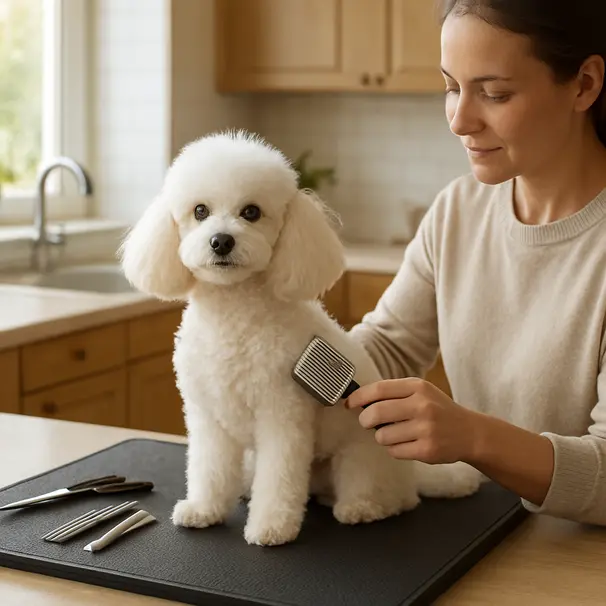 White toy poodle being brushed by a pet carer on a grooming table in a bright kitchen