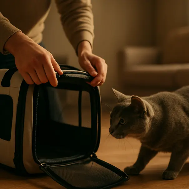 En pet carer åbner roligt en blød transportkasse mens en grå kat nysgerrigt nærmer sig i et oplyst hjem