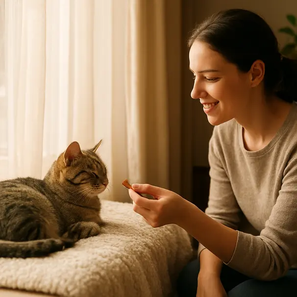 En tabbykat ligger på et blødt tæppe ved en vindueskarm mens en pet carer tilbyder en godbid og skaber ro i hjemmet