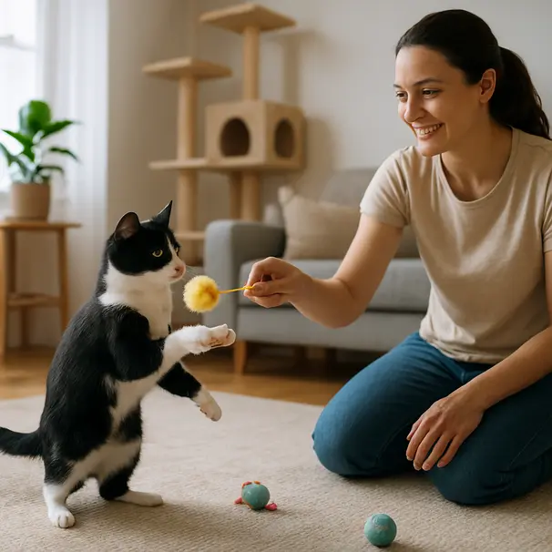 En sort-hvid kat leger med et interaktivt legetøj mens en pet carer engagerer sig i leg i en lys stue