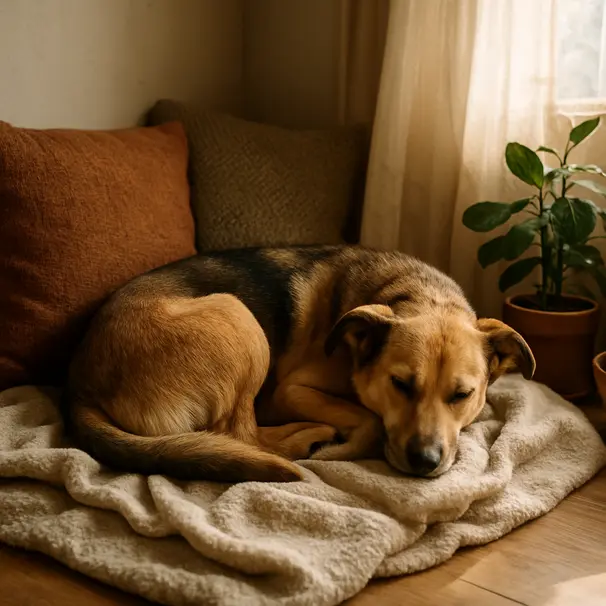 Cane in un angolo tranquillo della casa su una coperta, luce pomeridiana, piante e cuscini
