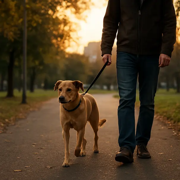 Passeggiata serale in parco con cane al guinzaglio, luce dorata del tramonto, pet carer accanto